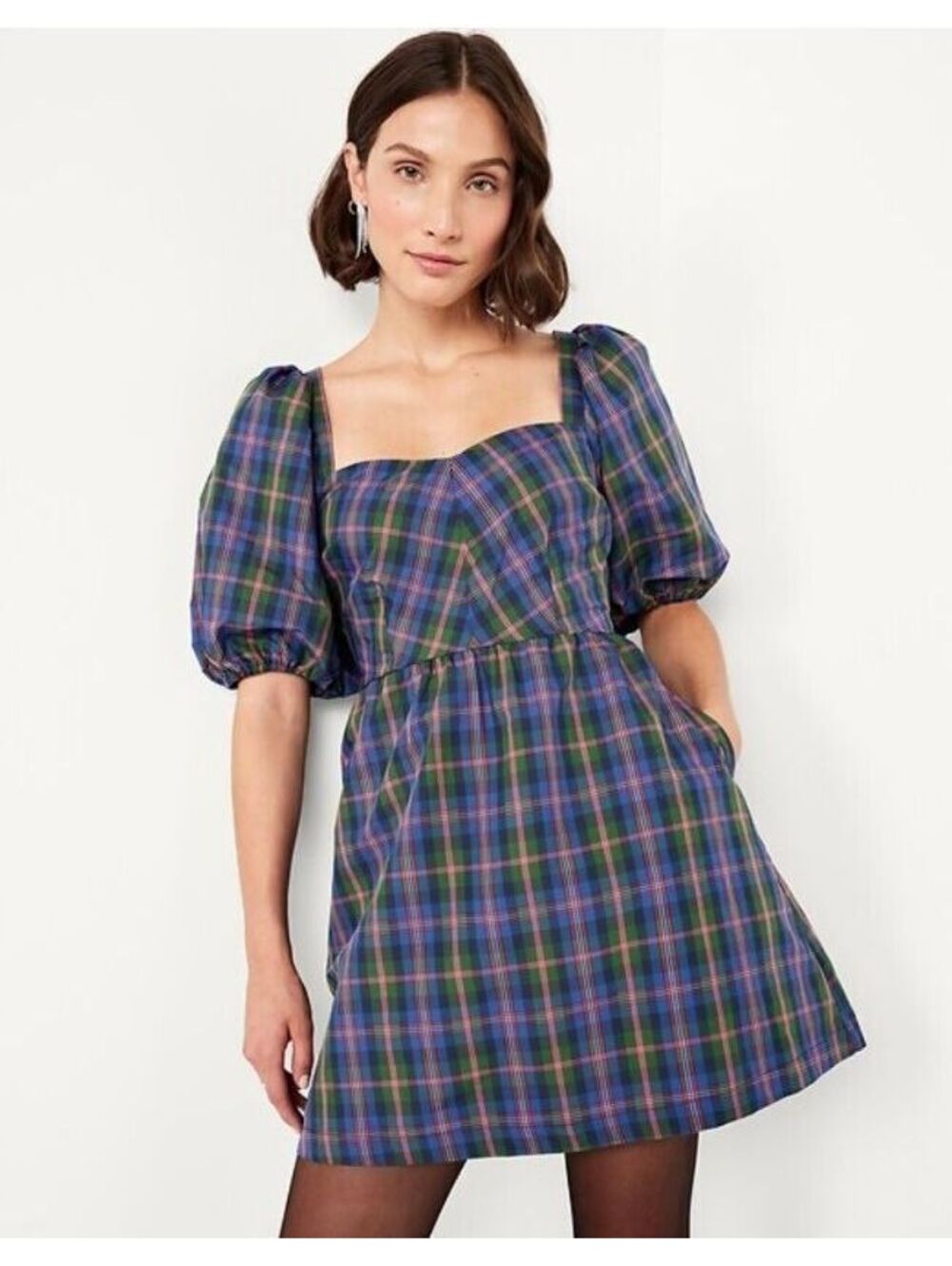 Old Navy Puff-Sleeve Plaid Fit & Flare Taffeta Mini Dress Blue Plaid
